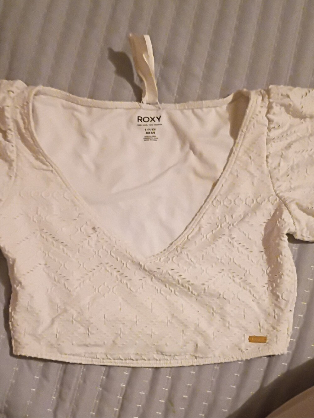 Roxy White Eyelet V-Neck Cropped Top